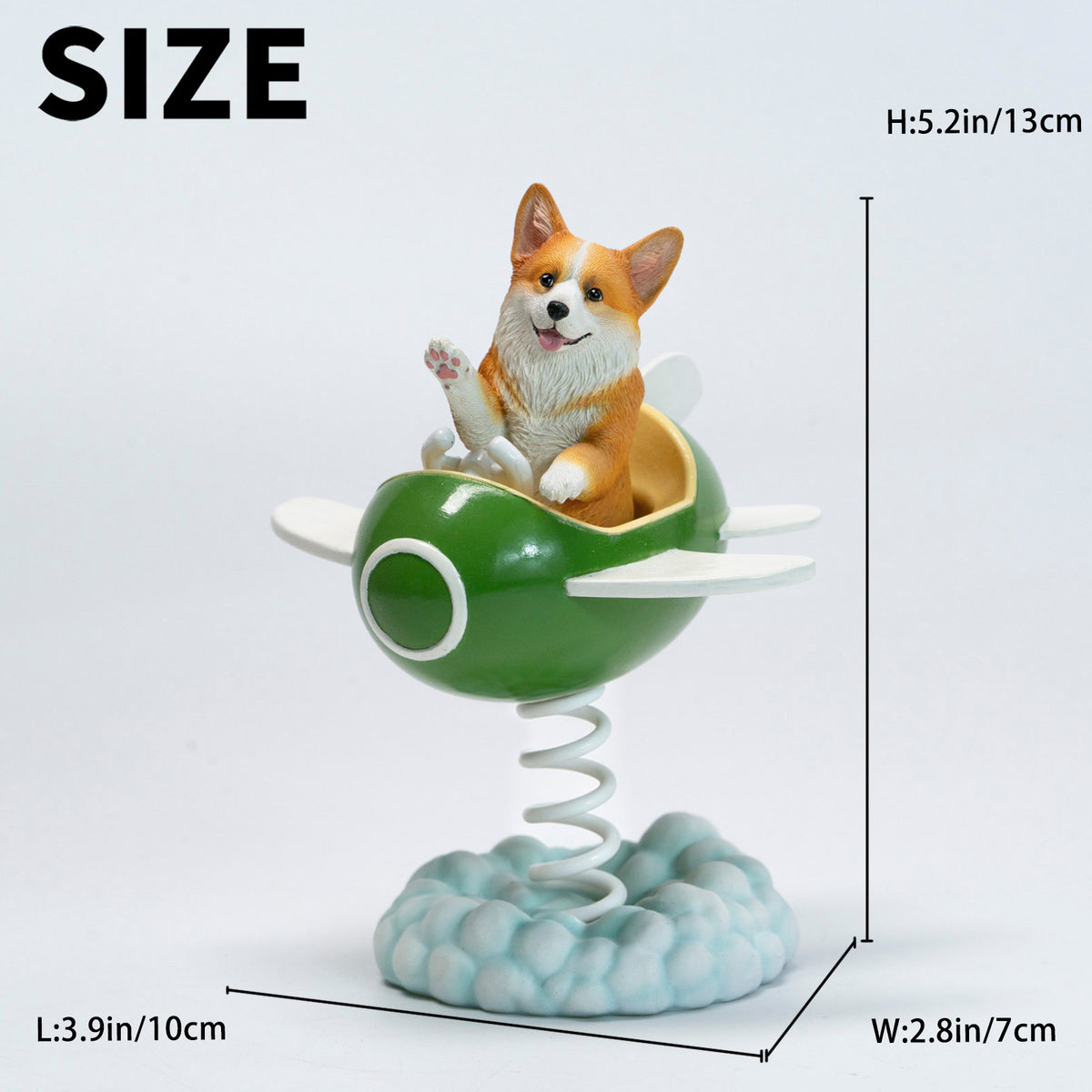 JXK Flying Corgi Wobbler Resin Dog Figurine — JXK385B — dimensions