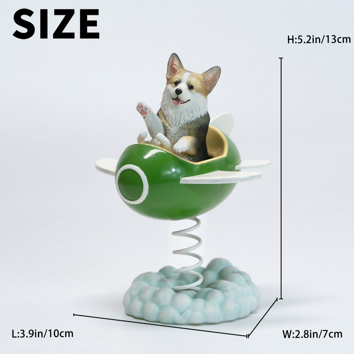 JXK Flying Corgi Wobbler Resin Dog Figurine — JXK385A — dimensions