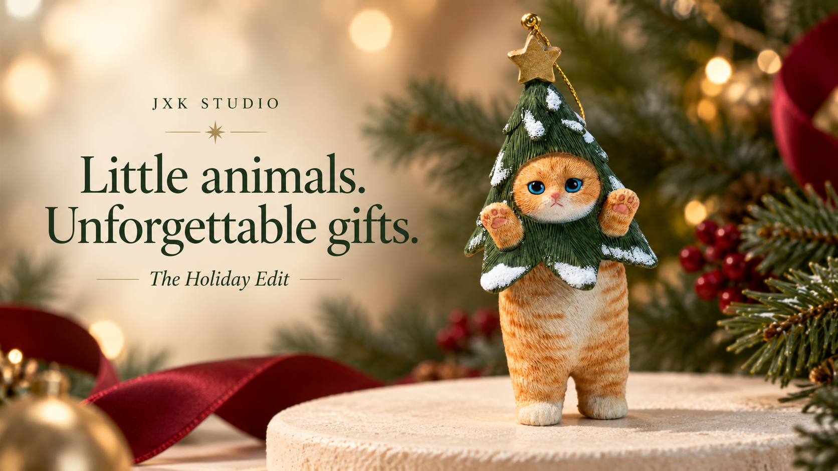 JXK325 Christmas tree cat ornament in a festive ivory and green setting