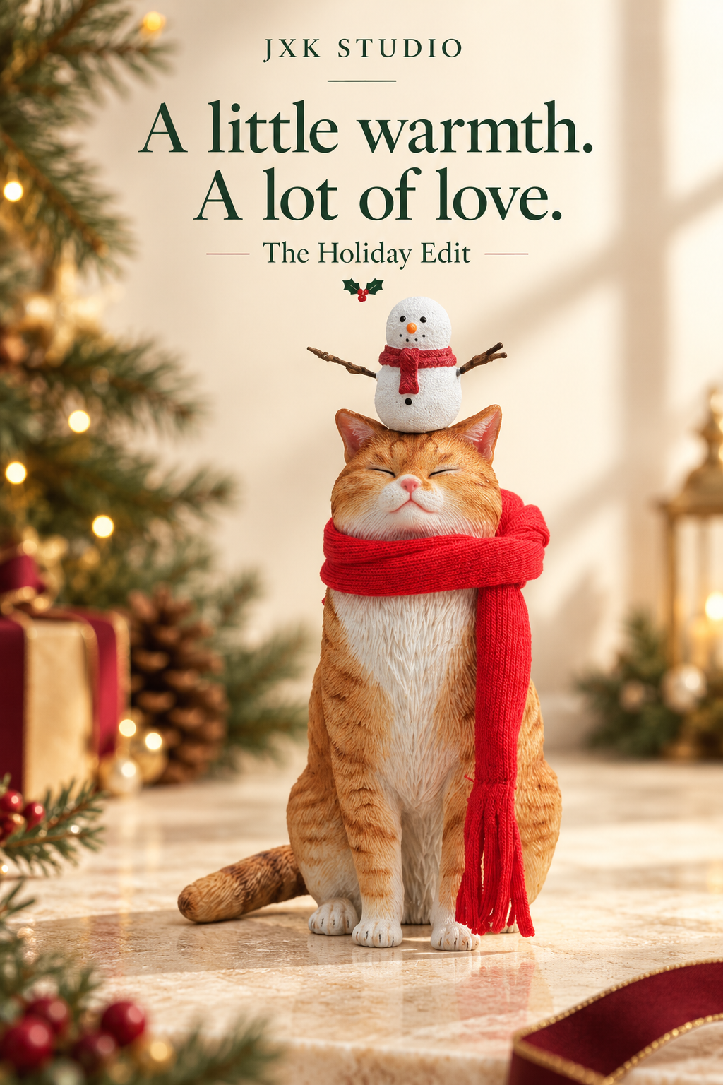 JXK349 winter cat with its red scarf and snowman