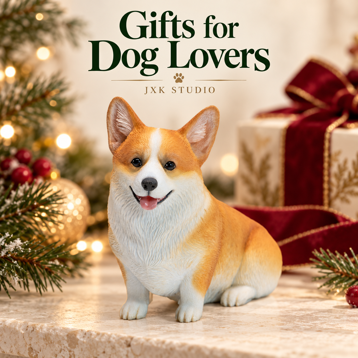 JXK375 seated corgi in a holiday setting